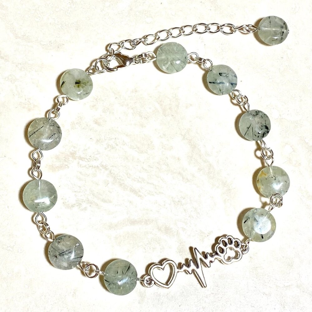 2/$20, Pale Green Prehnite Bracelet, Genuine Gemstone + Paw Print Heartbeat